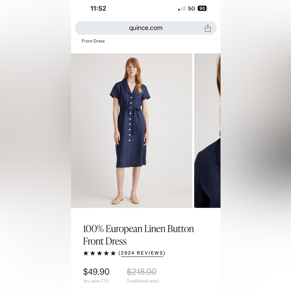 Quince 100% Linen Button Front Dress in Navy (Medium)